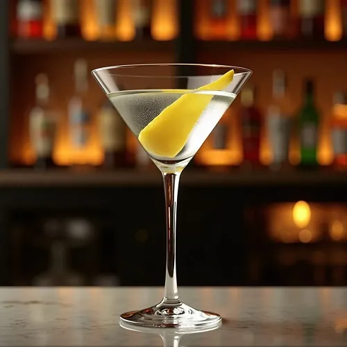 维斯帕马天尼鸡尾酒(Vesper Martini)盛于马天尼杯中，以柠檬作为装饰。
